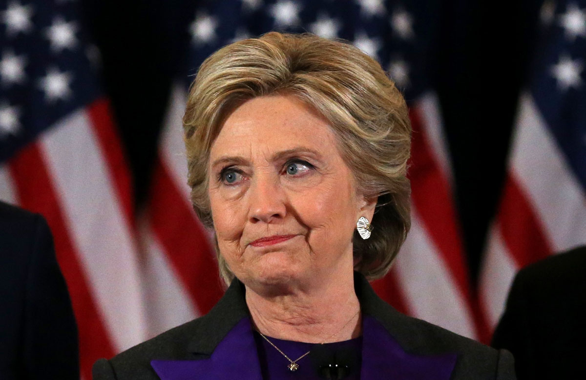 Hillary Clinton addresses her staff and supporters about the results of the U.S. election at a hotel in New York