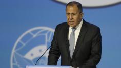 Russian Foreign Minister Sergei Lavrov delivers a speech during a session of the Syrian Congress of National Dialogue in Sochi