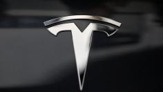 A Tesla logo is seen in Los Angeles